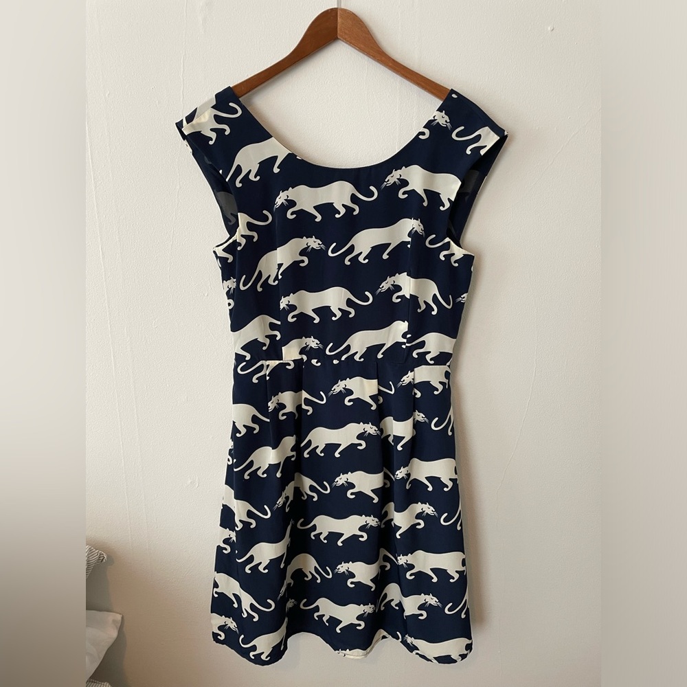 Navy blue silk wildcat dress. Sunny Girl brand from ModCloth - small